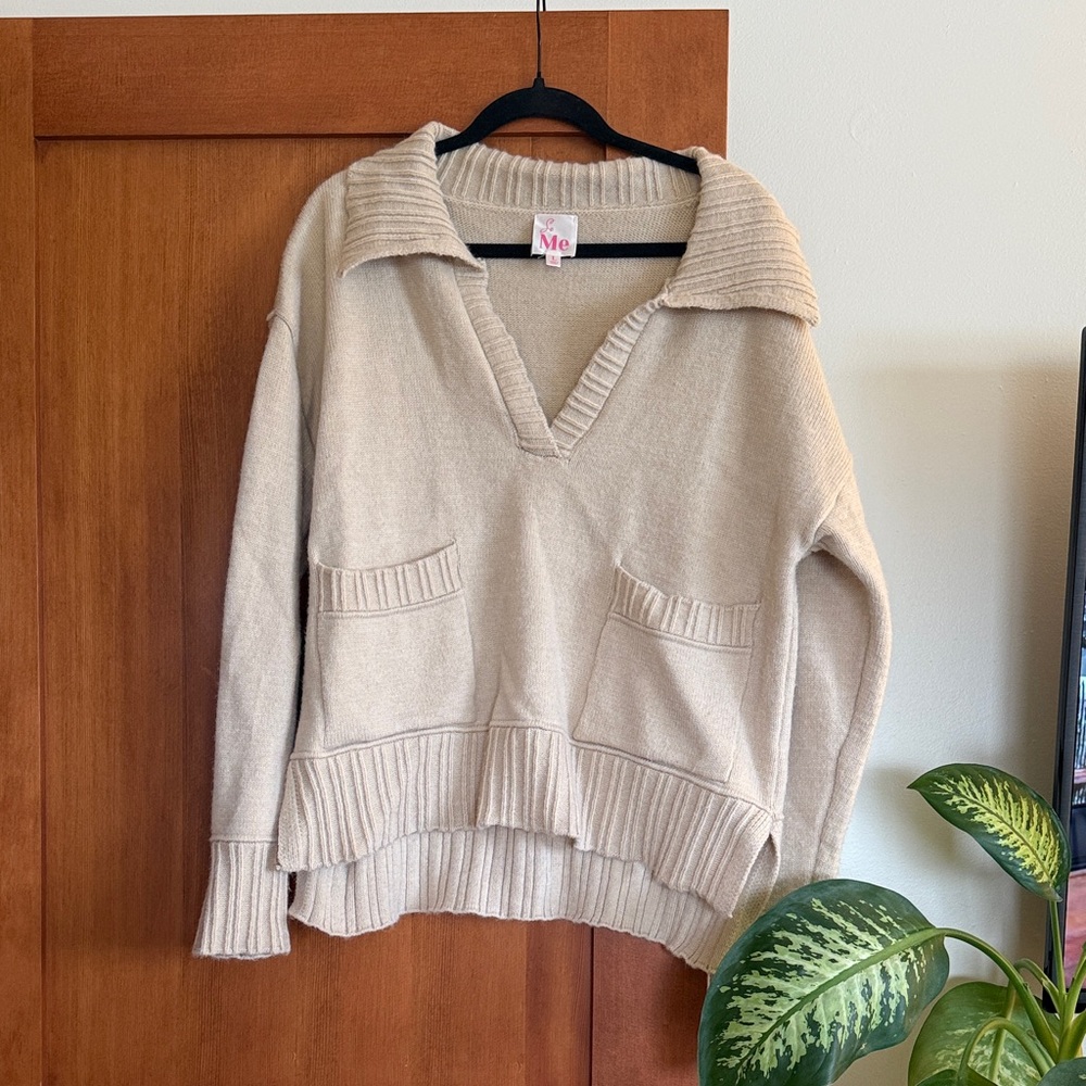 Women's Beige Oversized V-Neck Pocket Sweater